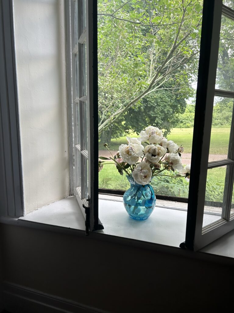 An open window with a blue vase of white flowers sitting on the window sill.