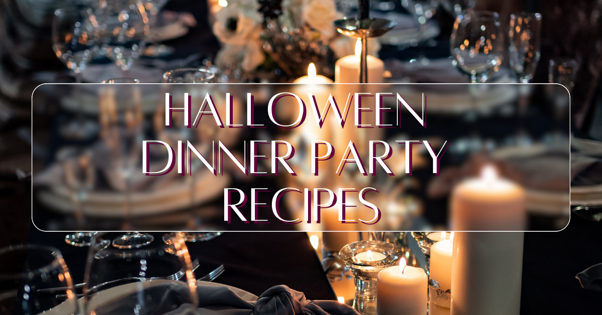 A low-lit dinner party table scape sits behind a blurred block with text in front that reads "Halloween Dinner Party Recipes"