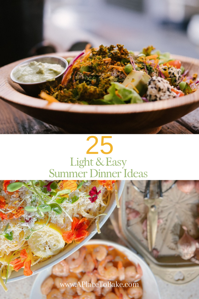 A Pinterest Pin that reads "25 Light & Easy Summer Dinner Ideas" has a photo of a bowl of vegetables at the top and a picture of a bowl of noodles and vegetables next to a bowl of shrimp at the bottom.