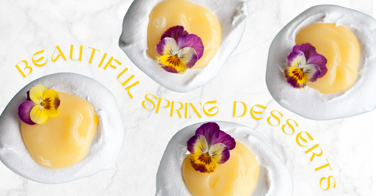 An aerial view of four mini pavlovas with lemon curd and purple flowers with a wavy text that reads "Beautiful Spring Desserts"