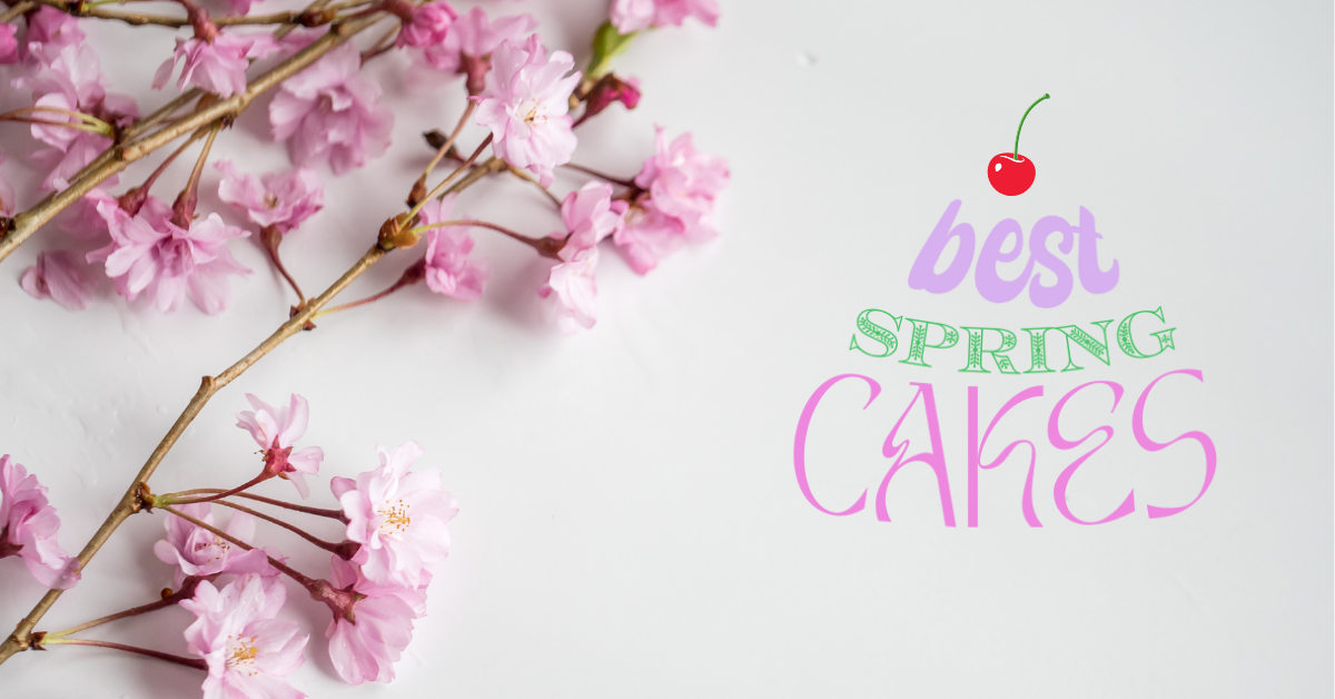 The left side of the screen has real cherry blossoms on a white surface, the right side has a graphic that reads "best spring cakes" in the shape of a tiered cake with a cartoon cherry on top