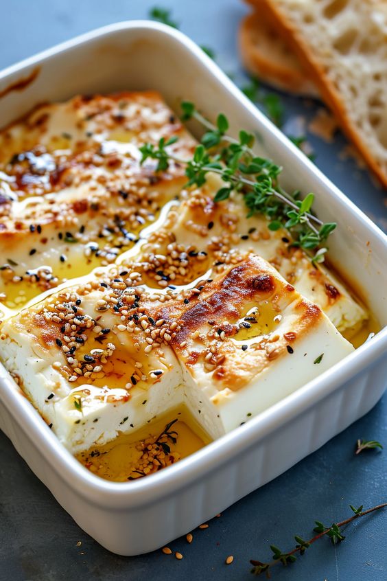 a dish of baked feta topped with thyme, sesame seeds, and honey