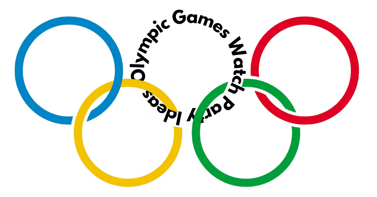 Olympics Watch Party: The five olympic rings but the black ring has been replaced with a circular text that reads "Olympic Games Watch Party Ideas