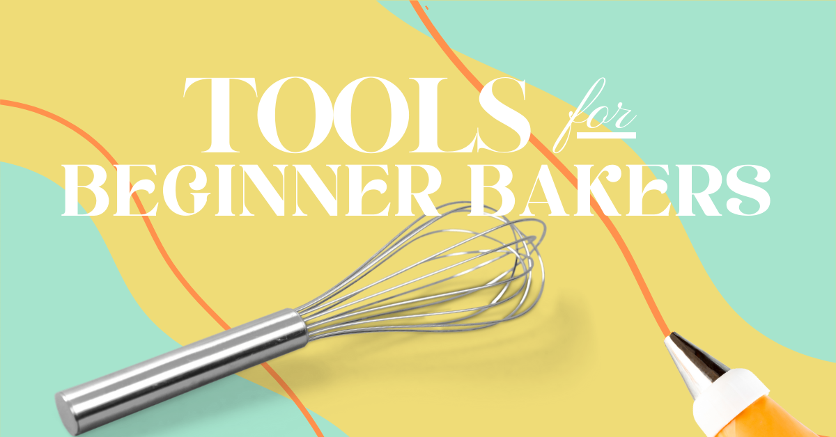 White text that reads "Tools for Beginner Bakers" sits on top of A silver whisk and piping back full of orange frosting. Organic shaped blue and orange graphics are in the top right and bottom left corner. One orange line lines up with the orange pipping bag of frosting to look like its coming from it