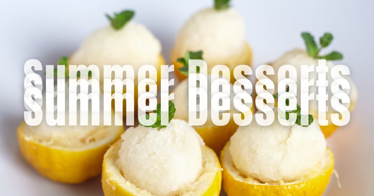 Background consists of 6 halves of lemons filled with a frozen lemon dessert, each one topped with mint leaves. A half transparent text that reads Summer Desserts three times, overlapped, sits in front