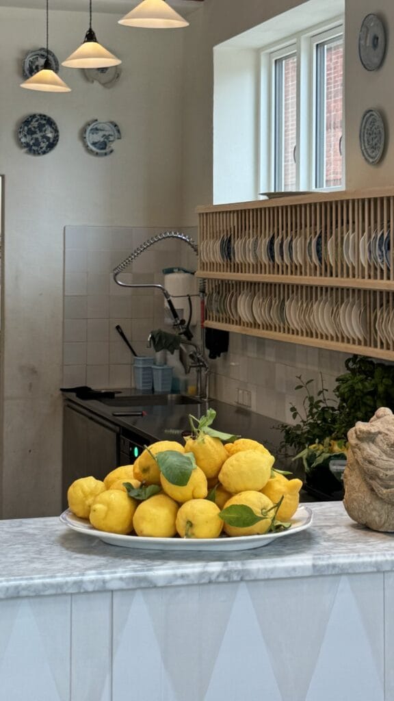 A photo of a bowl of lemons on a countertop in what appears to be an open storefront in an Italian business.