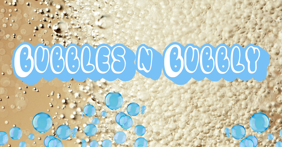 Blue and white bubble text that reads bubbles n bubbly in front of golden champagne bubbles. Blue water bubbles float up from the bottom