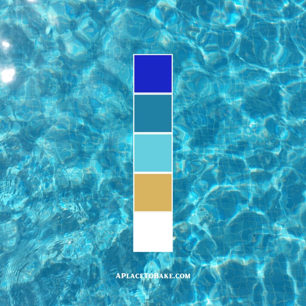 Pool party color pallets. pool water background. five color squares, one cobalt blue, dark aqua, teal, gold, and white.