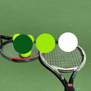 two tennis rackets on the court. Three green circles across the image, dark green, bright green, and white.