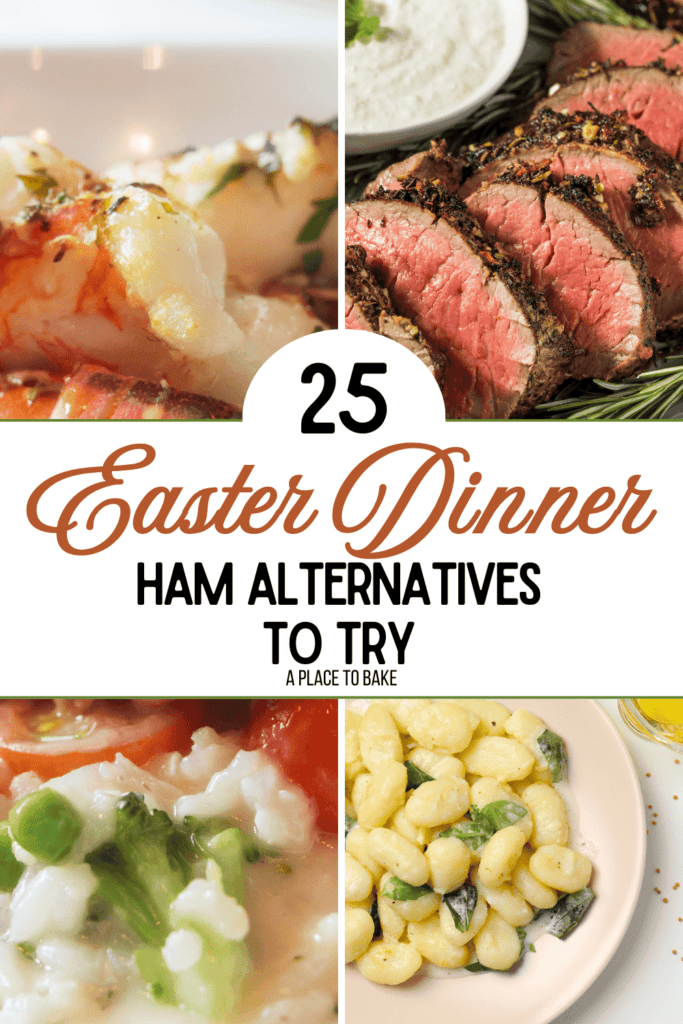 25 Easter Dinner Ham Alternatives To Try with three images of lobster, sliced pork, and gnocchi