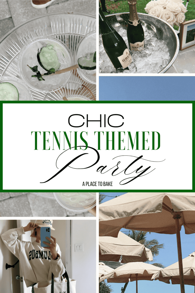 Chic Tennis Themed Party in front of four images of cocktails, a champagne bucket with two bottles, beige pool umbrellas, and a girl in a custom crewneck, hat, and boat tote