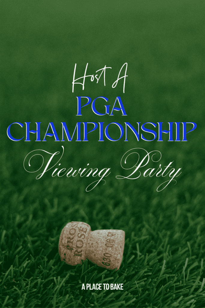 "Host A PGA Championship Viewing Party" on a background of a close-up of grass with a champagne cork lying in it.
